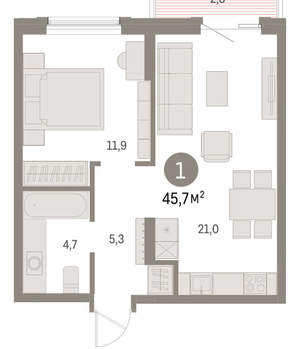 1-к квартира, вторичка, 46м2, 9/15 этаж