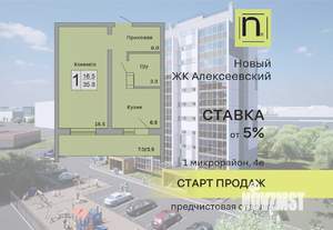 1-к квартира, строящийся дом, 36м2, 7/10 этаж