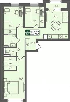 3-к квартира, строящийся дом, 78м2, 3/7 этаж