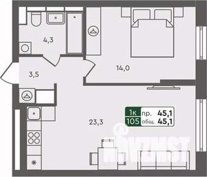 1-к квартира, строящийся дом, 45м2, 5/7 этаж