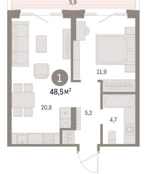 1-к квартира, вторичка, 49м2, 2/15 этаж
