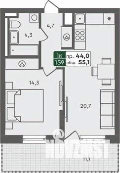 1-к квартира, строящийся дом, 55м2, 2/7 этаж