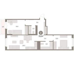 2-к квартира, вторичка, 73м2, 5/15 этаж