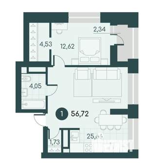 1-к квартира, вторичка, 57м2, 2/12 этаж
