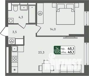 1-к квартира, строящийся дом, 45м2, 2/7 этаж