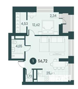 1-к квартира, вторичка, 57м2, 6/12 этаж