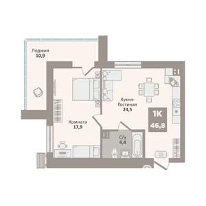 1-к квартира, вторичка, 47м2, 6/9 этаж