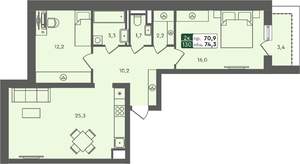 2-к квартира, строящийся дом, 74м2, 2/7 этаж