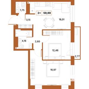 2-к квартира, строящийся дом, 60м2, 9/14 этаж