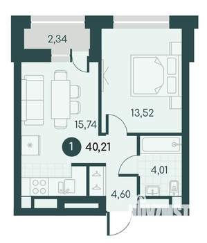 1-к квартира, вторичка, 40м2, 8/12 этаж
