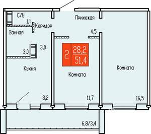 2-к квартира, строящийся дом, 51м2, 8/10 этаж