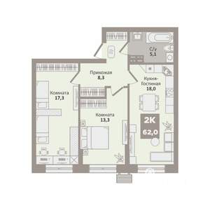 2-к квартира, вторичка, 62м2, 2/9 этаж