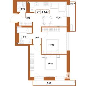 2-к квартира, строящийся дом, 64м2, 7/14 этаж
