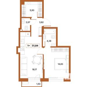 1-к квартира, строящийся дом, 52м2, 2/14 этаж