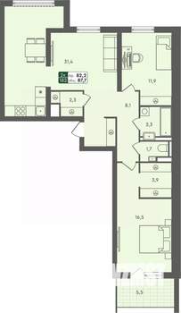 2-к квартира, строящийся дом, 88м2, 2/7 этаж