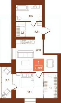 1-к квартира, строящийся дом, 62м2, 3/9 этаж