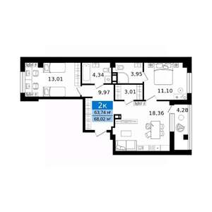 2-к квартира, вторичка, 68м2, 8/12 этаж