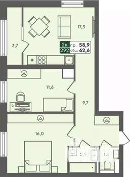 2-к квартира, строящийся дом, 63м2, 7/7 этаж