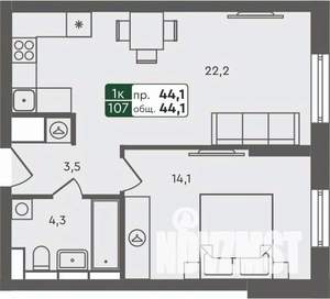1-к квартира, строящийся дом, 44м2, 5/7 этаж