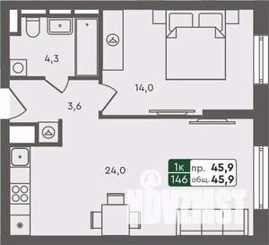 1-к квартира, строящийся дом, 46м2, 4/7 этаж