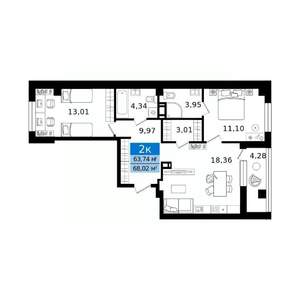 2-к квартира, вторичка, 68м2, 12/12 этаж