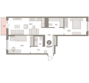 2-к квартира, вторичка, 73м2, 5/15 этаж