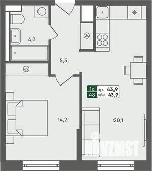 1-к квартира, строящийся дом, 44м2, 2/7 этаж