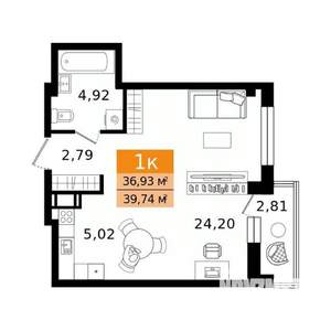 1-к квартира, вторичка, 40м2, 9/12 этаж