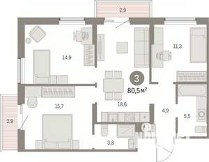3-к квартира, вторичка, 80м2, 7/15 этаж