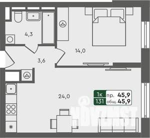 1-к квартира, строящийся дом, 46м2, 4/7 этаж