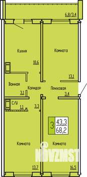 3-к квартира, строящийся дом, 68м2, 10/10 этаж