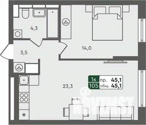 1-к квартира, строящийся дом, 45м2, 4/7 этаж