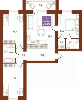 3-к квартира, строящийся дом, 98м2, 8/9 этаж