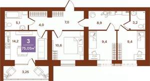 3-к квартира, строящийся дом, 75м2, 3/9 этаж