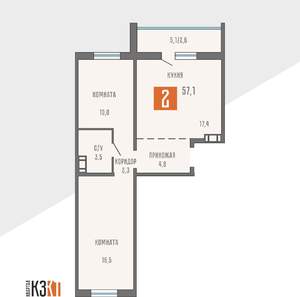 2-к квартира, сданный дом, 57м2, 1/10 этаж
