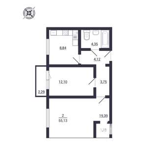 2-к квартира, строящийся дом, 55м2, 1/3 этаж