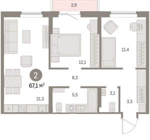 2-к квартира, вторичка, 67м2, 6/15 этаж
