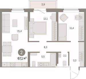 2-к квартира, вторичка, 67м2, 5/15 этаж