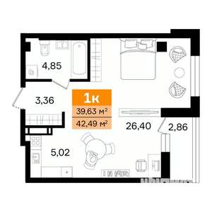 1-к квартира, вторичка, 42м2, 12/16 этаж