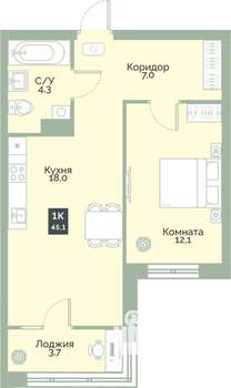 1-к квартира, вторичка, 45м2, 4/12 этаж