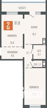 2-к квартира, сданный дом, 52м2, 1/10 этаж