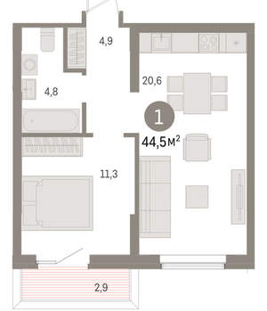 1-к квартира, вторичка, 45м2, 3/15 этаж