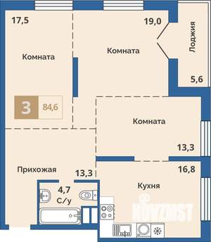 3-к квартира, сданный дом, 85м2, 15/15 этаж