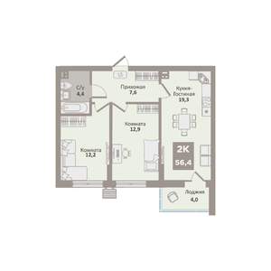 2-к квартира, вторичка, 56м2, 8/9 этаж