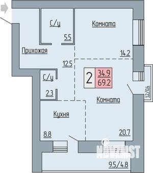 2-к квартира, строящийся дом, 69м2, 17/17 этаж