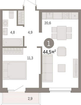 1-к квартира, вторичка, 45м2, 5/15 этаж