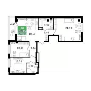 3-к квартира, вторичка, 85м2, 5/12 этаж