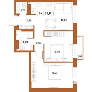 2-к квартира, строящийся дом, 59м2, 3/14 этаж