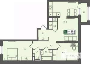 2-к квартира, строящийся дом, 77м2, 2/7 этаж