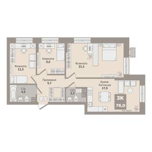 3-к квартира, вторичка, 76м2, 1/9 этаж